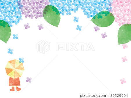 Watercolor hydrangea rain and a child's frame in the back with an umbrella 89529904