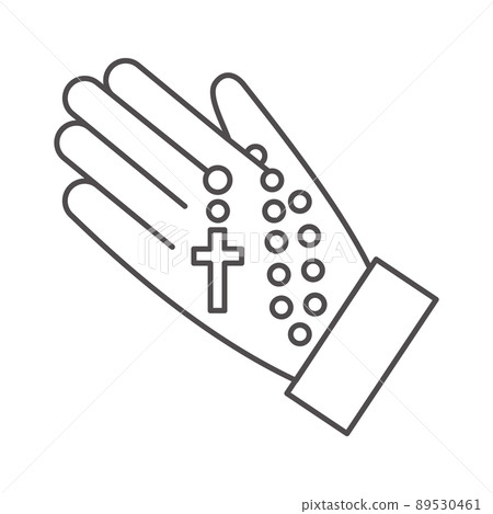 Rosary beads silhouette. Prayer jewelry for meditation. Catholic chaplet with a cross in hand. Religion symbol. Vector illustration. 89530461