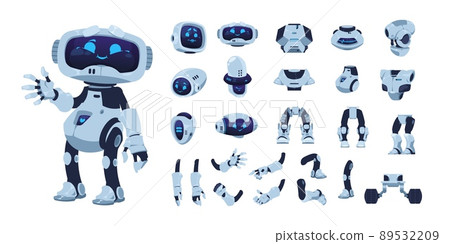 Robot animation set. Cartoon android character with artificial intelligence, various heads legs arms and body. Vector cute futuristic robot Robot animation set. Cartoon android character with artificial intelligence, various heads legs arms and body. Vector cute futuristic robot 89532209