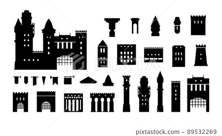 Castle silhouette. Medieval fortress constructor kit with towers walls and gate black elements. Vector ancient gothic monastery 89532269