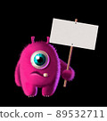 A funny pink highly detailed furry monster with one eye and a blank sign in its paw. 89532711