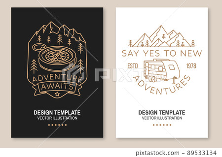 Adventure awaits. Say yes to new adventure. Live, love, camp. Camping quote. Vector. Line art flyer, brochure, banner, poster design with 3d compass, camper trailer and mountain. Adventure awaits. Say yes to new adventure. Live, love, camp. Camping quote. Vector. Line art flyer, brochure, banner, poster design with 3d compass, camper trailer and mountain. 89533134