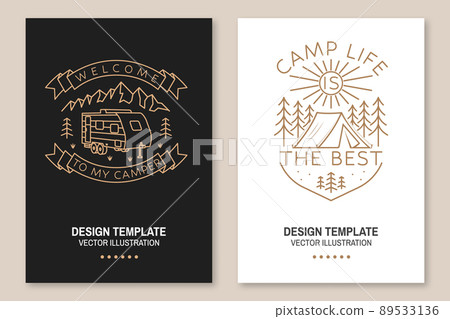 Camp life is the best. Vector. Concept for shirt or logo, print, stamp or tee. Line art flyer, brochure, banner, poster with camper tent, trailer, mountain and forest silhouette. Camping quote. Camp life is the best. Vector. Concept for shirt or logo, print, stamp or tee. Line art flyer, brochure, banner, poster with camper tent, trailer, mountain and forest silhouette. Camping quote. 89533136