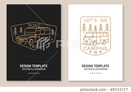Lets go camping. Summer camp. Vector illustration. Concept for shirt or logo, print, stamp or tee. Line art flyer, brochure, banner, poster design with RV Motorhome and forest. Camping quote. 89533157