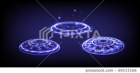 Sci-fi hi-tech stage collection in glowing HUD. Hologram portal cyborg light of science futuristic. Magic cyberpunk warp gate in game fantasy. Circle teleport podium. GUI, UI virtual reality users 89533166