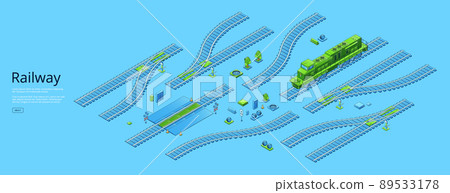 Isometric locomotive, railway, rail track elements Isometric locomotive, railway, rail track elements 89533178