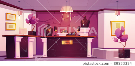 Jewelry shop interior with gold necklaces 89533354