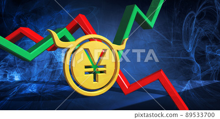 3d illustration of jpy or cny currency icon. japanese yen or chinese yuan trading stock chart on abstract blue background. bearish market trend 89533700