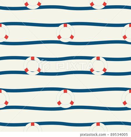 Vector hand drawn colored childish seamless repeat simple flat pattern with lifebuoy and waves . Pattern for children. Sea ocean Vector hand drawn colored childish seamless repeat simple flat pattern with lifebuoy and waves . Pattern for children. Sea ocean 89534005