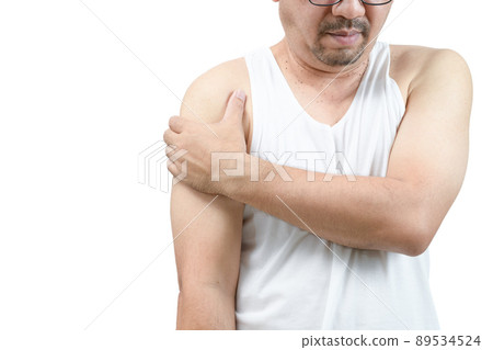 A middle aged man in white veat suffering from arm and shoulder pain isolated 89534524