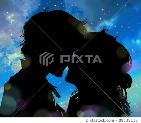 Romantic paper-cut black-and-white illustrations of men and women kissing their first love and night view background of the starry sky 89535118