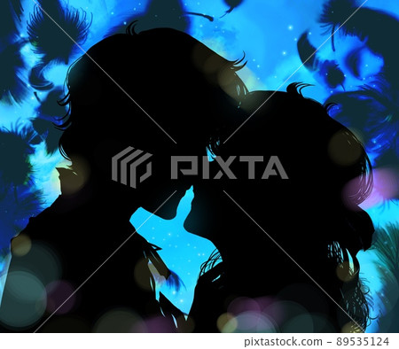 Romantic paper-cut black-and-white illustrations of men and women kissing their first love and night view background with white feathers fluffy 89535124