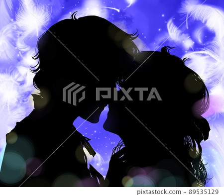 Romantic paper-cut black-and-white illustrations of men and women kissing their first love and night view background with white feathers fluffy 89535129