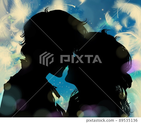 Romantic paper-cut black-and-white illustrations of men and women kissing their first love and night view background with white feathers fluffy 89535136