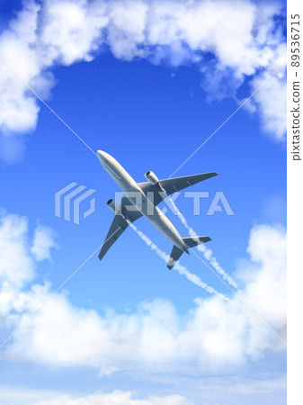 Vertical nature background with aircraft and Jet trailing smoke in the sky. Airplane and condensation trail 89536715