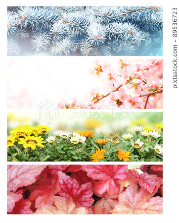 Four seasons of year. Set of horizontal nature banners with winter, spring, summer and autumn scenes Four seasons of year. Set of horizontal nature banners with winter, spring, summer and autumn scenes 89536723