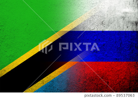National flag of Russian Federation with The United Republic of Tanzania National flag. Grunge background 89537063