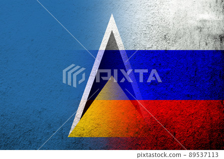 National flag of Russian Federation with National flag of Saint Lucia. Grunge background National flag of Russian Federation with National flag of Saint Lucia. Grunge background 89537113