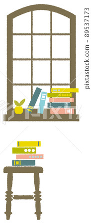 Books, plants and chairs on the retro windows | Window glass is transparent 89537173