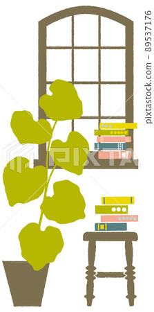 Books, plants and chairs on the retro windows | Window glass is transparent 89537176
