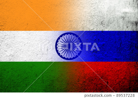 National flag of Russian Federation with The Republic of India National flag. Grunge background 89537228