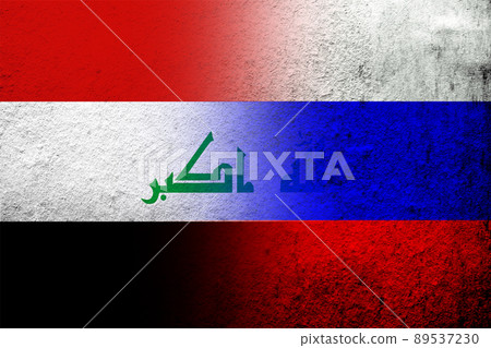 National flag of Russian Federation with the Republic of Iraq National flag. Grunge background 89537230