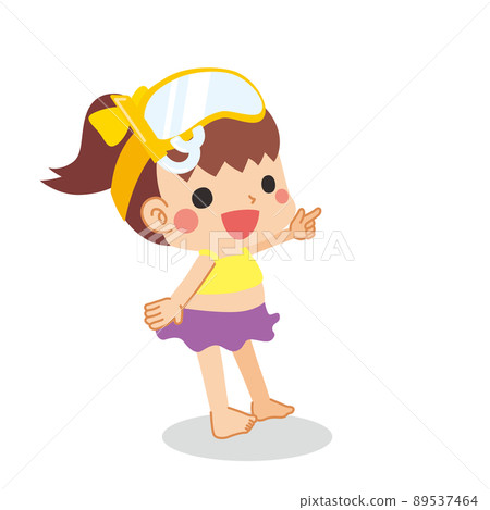 Illustration of a cute girl in a swimsuit wearing underwater glasses and pointing at something White background Vector clip art 89537464