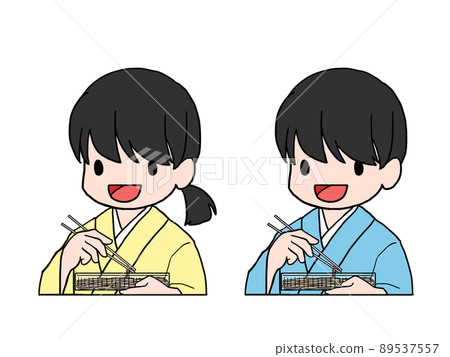 Illustration of Japanese men and women (upper body) wearing yukata eating yakisoba Illustration of Japanese men and women (upper body) wearing yukata eating yakisoba 89537557