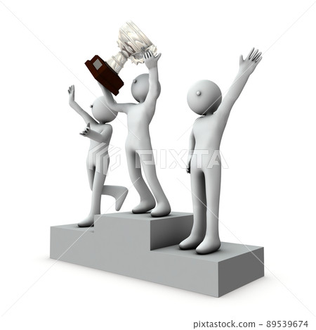 Winners who are pleased with the podium. Winning cup and honor. Impression and gratitude. 3D rendering. 89539674