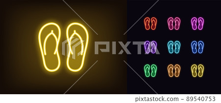 Outline neon slippers pair icon. Glowing neon slippers silhouette, beach flip flops pictogram Outline neon slippers pair icon. Glowing neon slippers silhouette, beach flip flops pictogram 89540753
