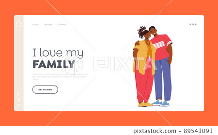 Modern African Family Landing Page Template. Male and Female Characters Hugging. Loving Couple Romantic Relations 89541091