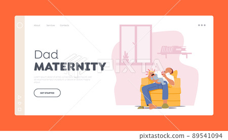 Dad Maternity Landing Page Template. Tired Parent with Crying Child at Home, Fatigue Father Character Sleep on Armchair Dad Maternity Landing Page Template. Tired Parent with Crying Child at Home, Fatigue Father Character Sleep on Armchair 89541094
