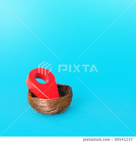 Pin location in the bird's nest. Safety and security. Insurance for travel and business tourists. Coziness, comfort. Destination. Eco tourism hotel business concept. Pleasant resting place. 89541237