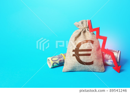 Euro money bag and arrow down. Drop in profits. Decrease in interest rate deposit rate. Inflation. Low real incomes, economic difficulties. Unprofitability, recession and depression. Falling economy. 89541246