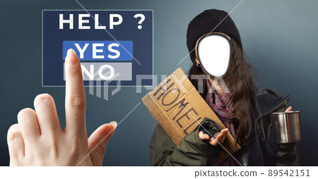 A woman holds a cardboard sign with the text homeless and begging cup. Female hand push a virtual button to the help. A cutted out face. The concept banner of every person can become a homeless 89542151