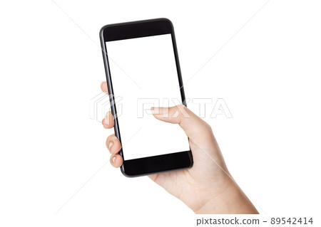 Hand Woman holding smartphone with blank screen isolated on white background with clipping path 89542414