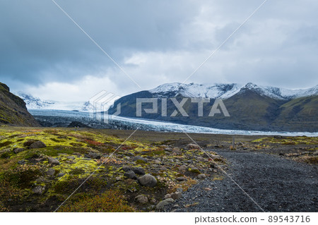 Iceland autumn tundra landscape near Haoldukvisl glacier, Iceland. Glacier tongue slides from the Vatnajokull icecap or Vatna Glacier near subglacial Esjufjoll volcano. People unrecognizable. Iceland autumn tundra landscape near Haoldukvisl glacier, Iceland. Glacier tongue slides from the Vatnajokull icecap or Vatna Glacier near subglacial Esjufjoll volcano. People unrecognizable. 89543716