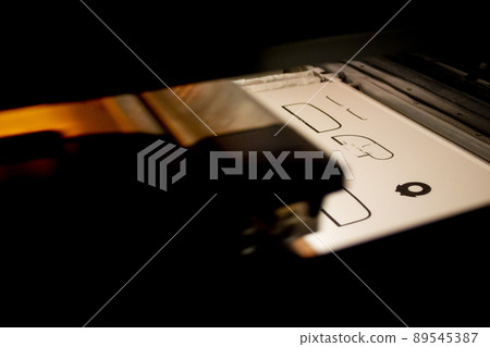 Industrial powder 3D printer printing process close-up. Multi Jet Fusion MJF 3D printing. Serial production from polyamides. Printing using thermal printhead Reagents applying to heated powder layer 89545387