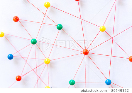 Linking entities, Blockchain, social media, Communications Network, The connection between the two networks. Network simulation on paper linked together by yarn Linking entities, Blockchain, social media, Communications Network, The connection between the two networks. Network simulation on paper linked together by yarn 89549532