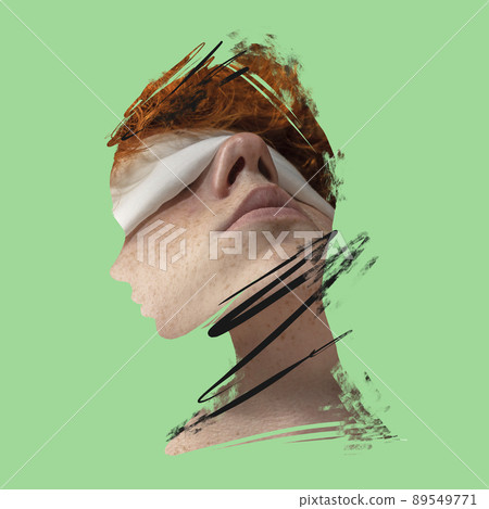 Creative art collage. Young man's face over green background. Poster graphics. Ideas, inspiration, fashion and emotions concept. Creative art collage. Young man's face over green background. Poster graphics. Ideas, inspiration, fashion and emotions concept. 89549771