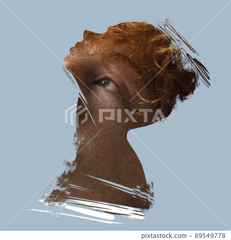 Creative art collage. Young man's face over blue background. Poster graphics. Ideas, inspiration, fashion and emotions concept. 89549778