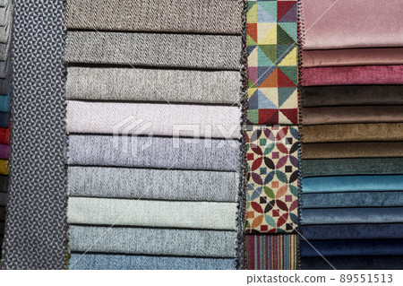 A set of fabric samples for furniture finishing. Multicolored upholstery stripes. 89551513