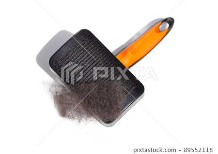 Cleaning Sleeker for Fur Dog Hairy Dog with black dog hair isolated on white background. Small Slicker Brushes for Dog 89552118