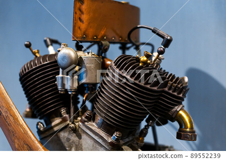 Close-up of a detail of a rare car engine. Metal mechanisms. Automotive industry 89552239