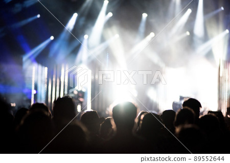 Rear view of crowd with raised arms at a concert 89552644