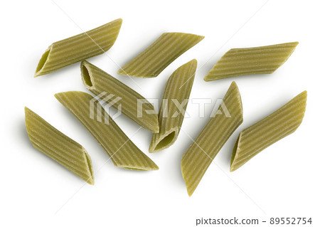 Green pea penne pasta isolated on white background with clipping path. Organic food speciality. Gluten free. Top view. Flat lay Green pea penne pasta isolated on white background with clipping path. Organic food speciality. Gluten free. Top view. Flat lay 89552754