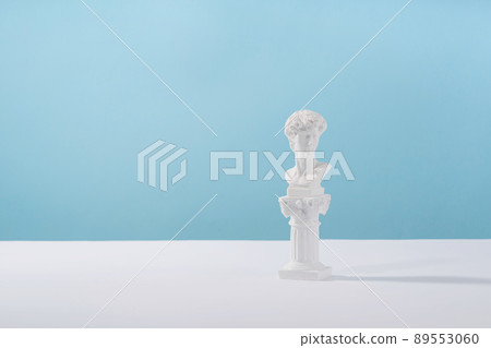 Cosmetic display podium platform greek man with roman marble column for product presentation, cosmetics geometric stand stylish props, mockup scene aesthetic on blue. Creative product stage.. 89553060