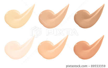 Beige nude liquid foundation set, concealer smear smudge drop. Collection different tones bb cream swatch sample isolated on white. 89553359