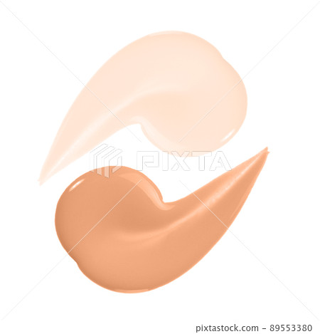 Set of shades of liquid concealer isolated on white. Beige nude liquid foundation smear smudge drop. Collection of different tones of make up 89553380