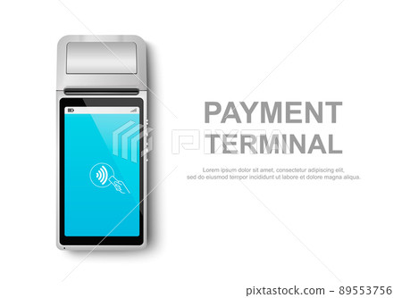 Vector Realistic 3d Touch NFC Mobile Payment Machine. POS Terminal Closeup Isolated on White. Design Template of Bank Payment Wireless Contactless Terminal, Mockup. Payments device. Top View Vector Realistic 3d Touch NFC Mobile Payment Machine. POS Terminal Closeup Isolated on White. Design Template of Bank Payment Wireless Contactless Terminal, Mockup. Payments device. Top View 89553756